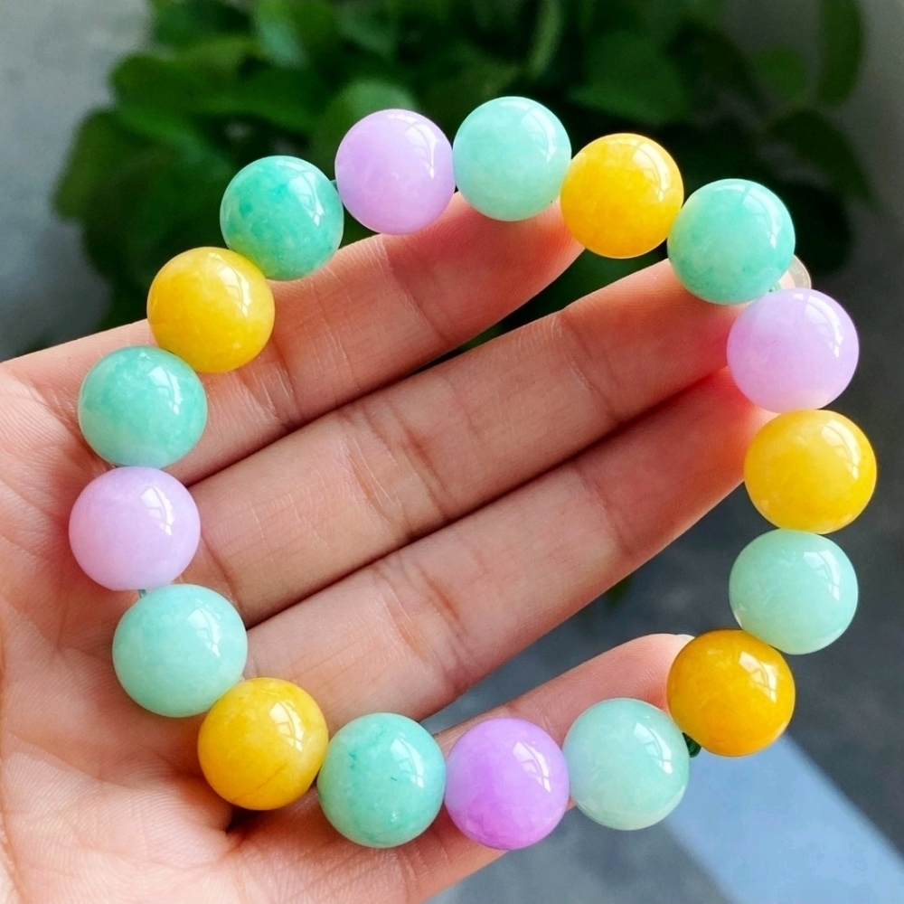 12.3mm Natural Hetian Multi Color Burmese Jade  Gemstone Beads Bracelet 6.50" #2